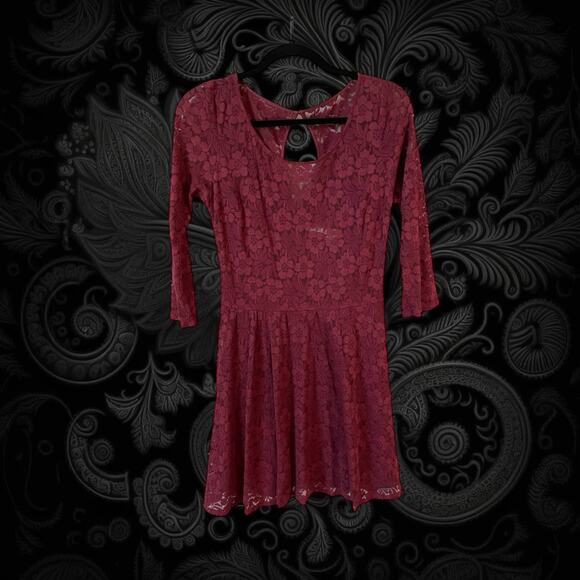 ABERCROMBIE & FITCH Womens Floral Lace 3/4 Sleeve Flare Dress Burgundy 10 Grunge - Picture 13 of 13